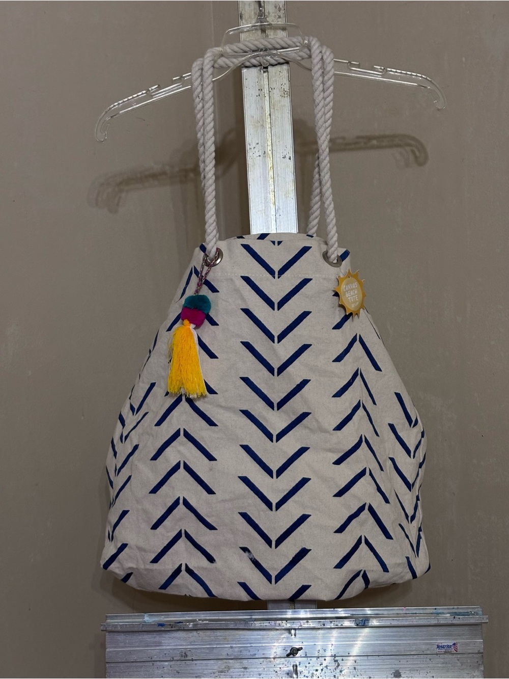 NWT Canvas Beach Tote Bag | Blue Chevron Arrow Print Rope Handles Coastal Boho